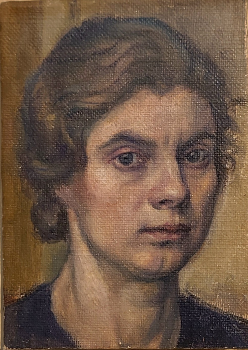 An oil painting on coarse canvas depicting a close-up self-portrait study of a woman with short waved hair looking forward.