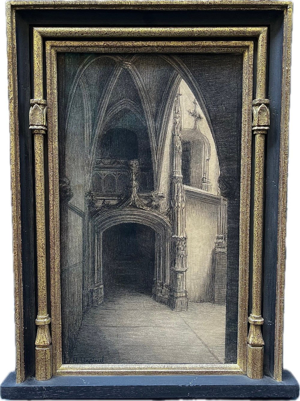 A monochrome architectural drawing depicting a Gothic church interior with vaulted ceilings, housed inside a black and gilt architectural frame.