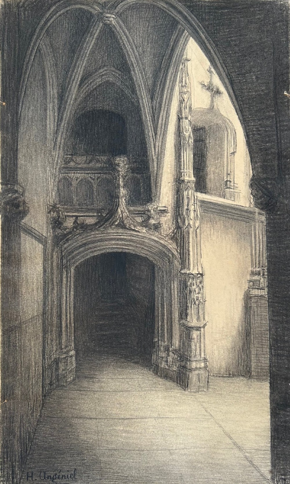 A monochrome architectural drawing depicting a Gothic church interior with vaulted ceilings, housed inside a black and gilt architectural frame. View II