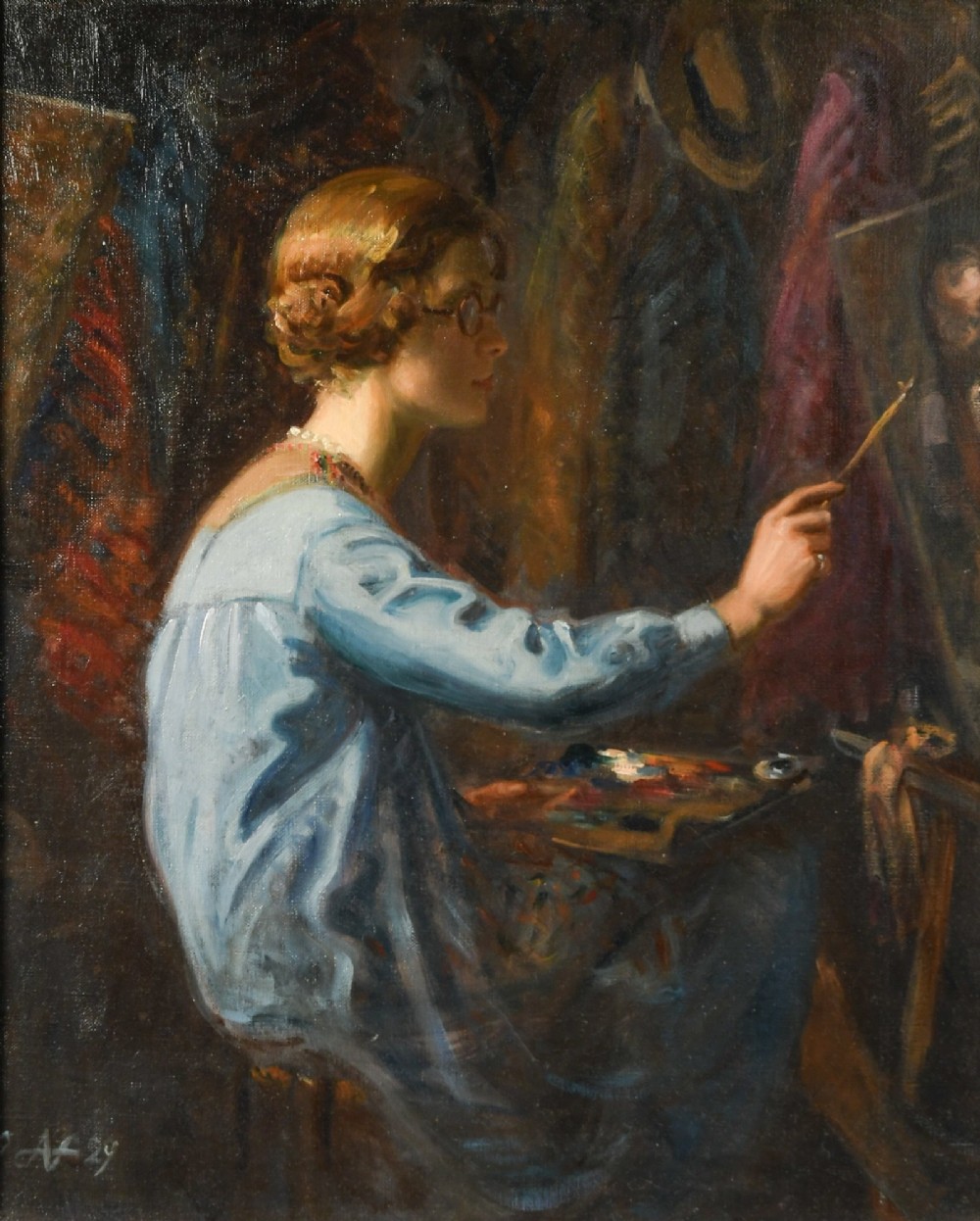 An oil painting depicting a woman in profile wearing a blue dress and glasses, holding a palette while painting on an easel.