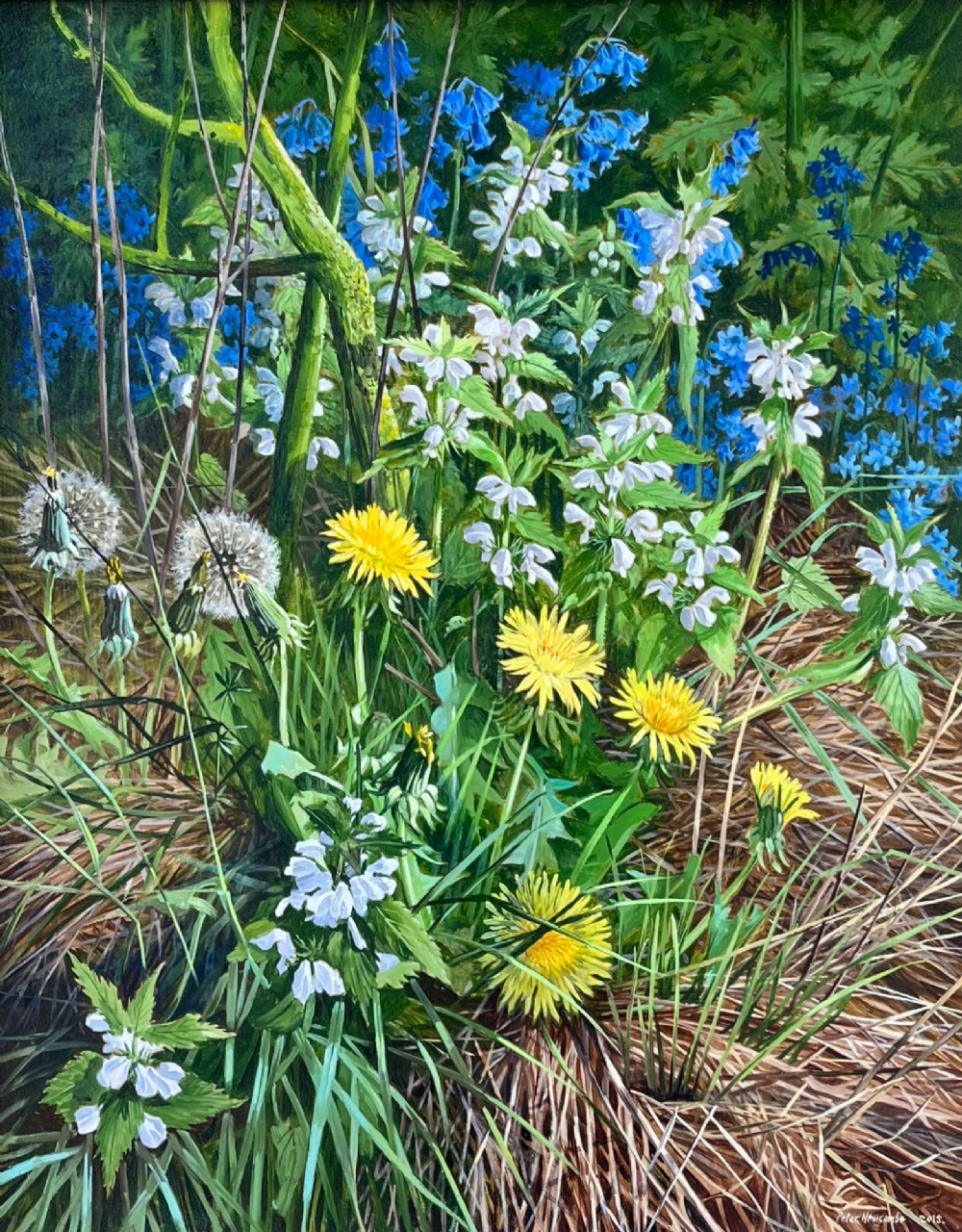 An oil painting depicting a close-up study of British hedgerow flora featuring bluebells, yellow dandelions, and white nettle flowers amongst grass.
