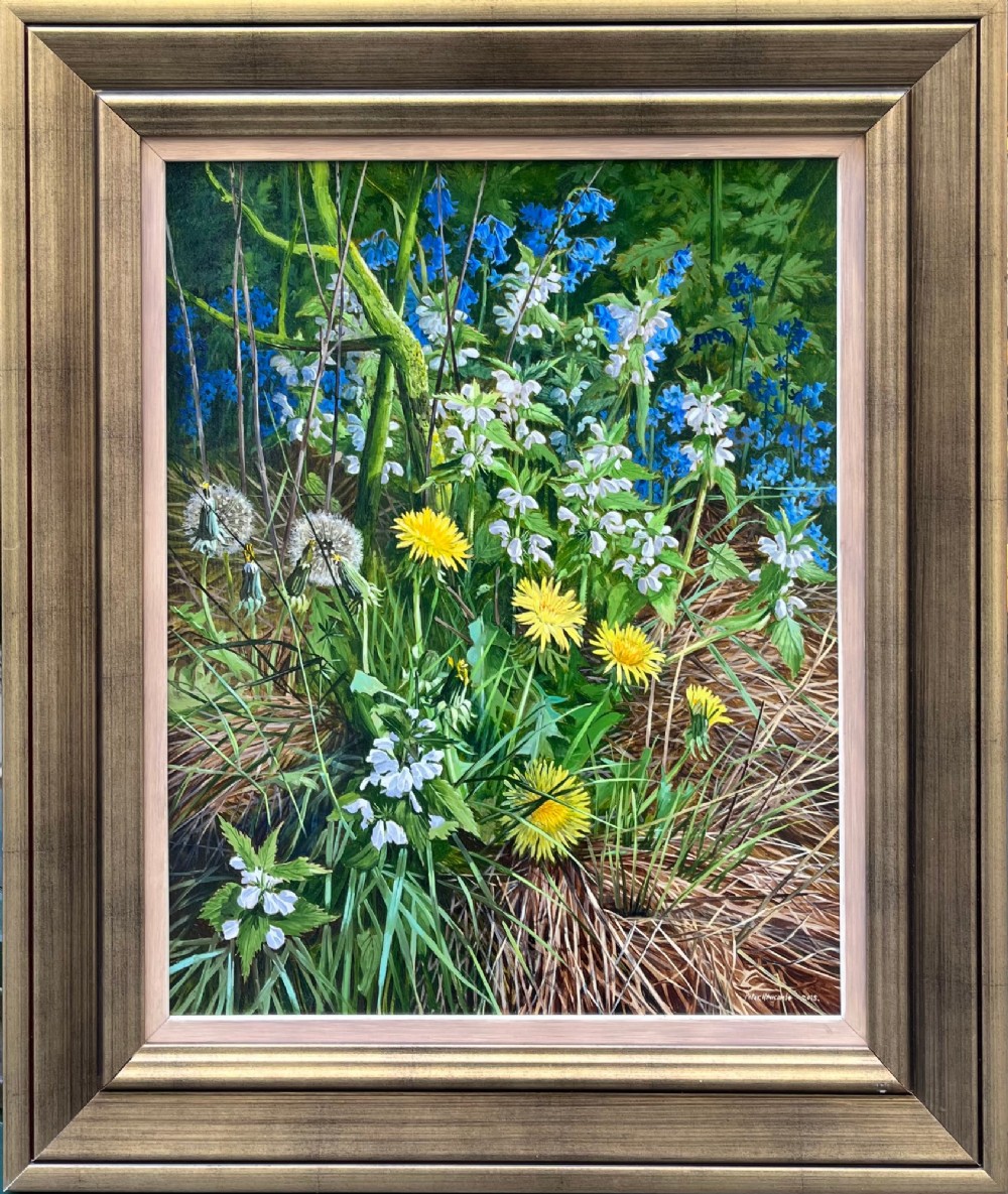 An oil painting depicting a close-up study of British hedgerow flora featuring bluebells, yellow dandelions, and white nettle flowers amongst grass. View II