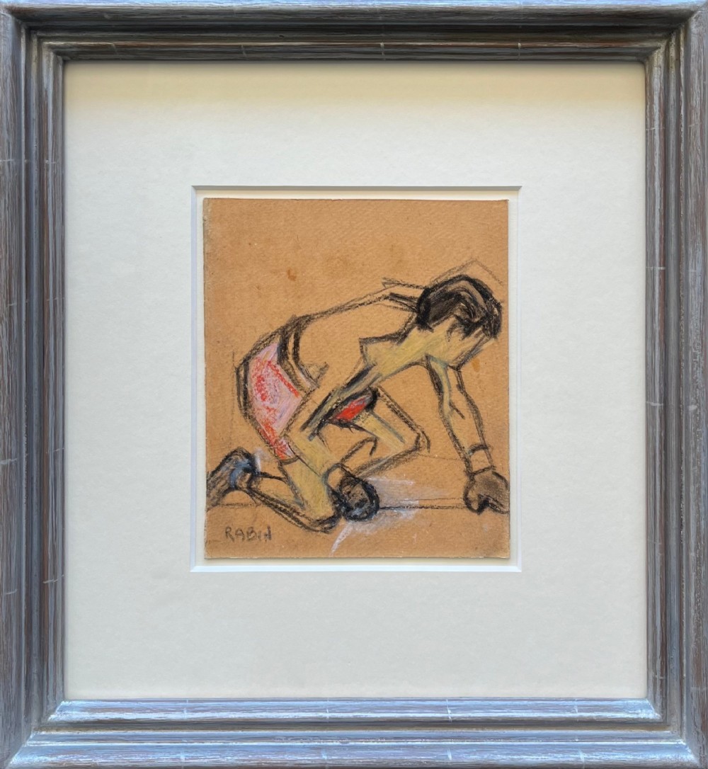 A charcoal and pastel figure study on brown paper depicting a crouching wrestler or boxer in pink shorts. View II