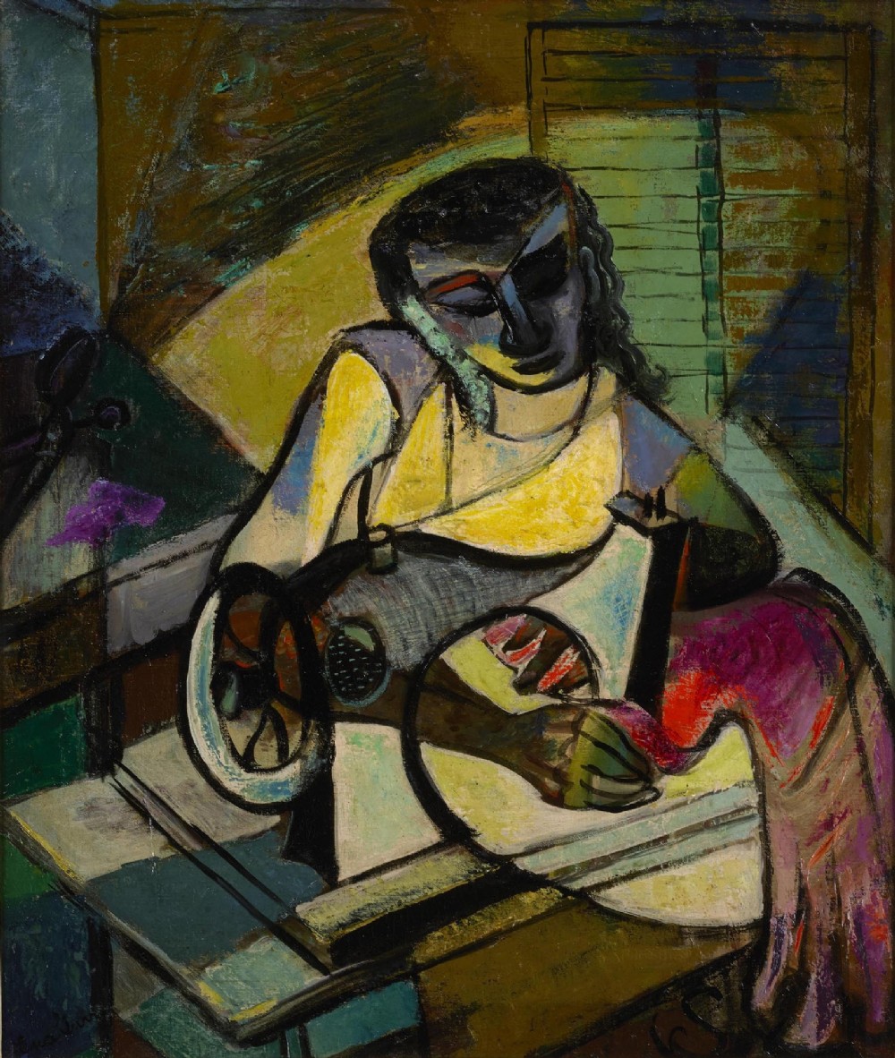 A modernist oil painting depicting a woman seated at a sewing machine rendered with bold outlines and fractured geometric planes in shades of ochre yellow, green, and dark blue.