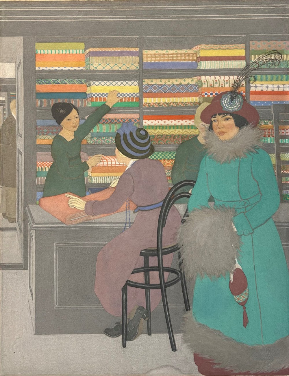 An illustration depicting women browsing rolls of patterned textiles inside a traditional fabric shop interior.
