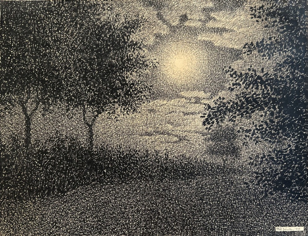 A monochrome pen and ink drawing depicting a moonlit nocturnal landscape with trees framing a luminous full moon, dated 1917.