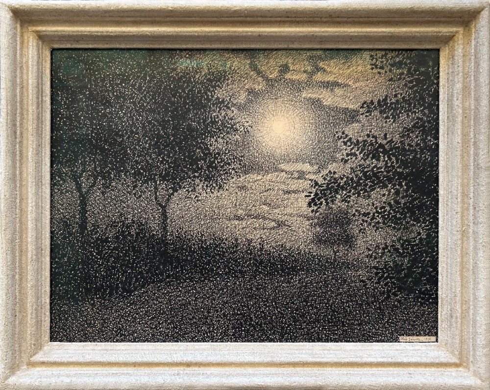 A monochrome pen and ink drawing depicting a moonlit nocturnal landscape with trees framing a luminous full moon, dated 1917. View II