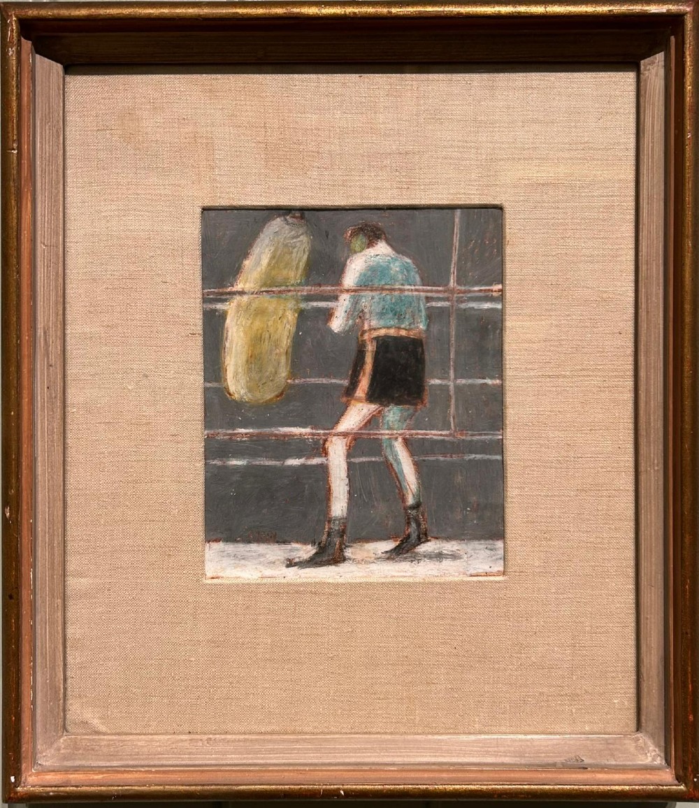 A mid-century style painting depicting a boxer wearing a blue top and black shorts training with a light-coloured heavy bag inside a ring. View II