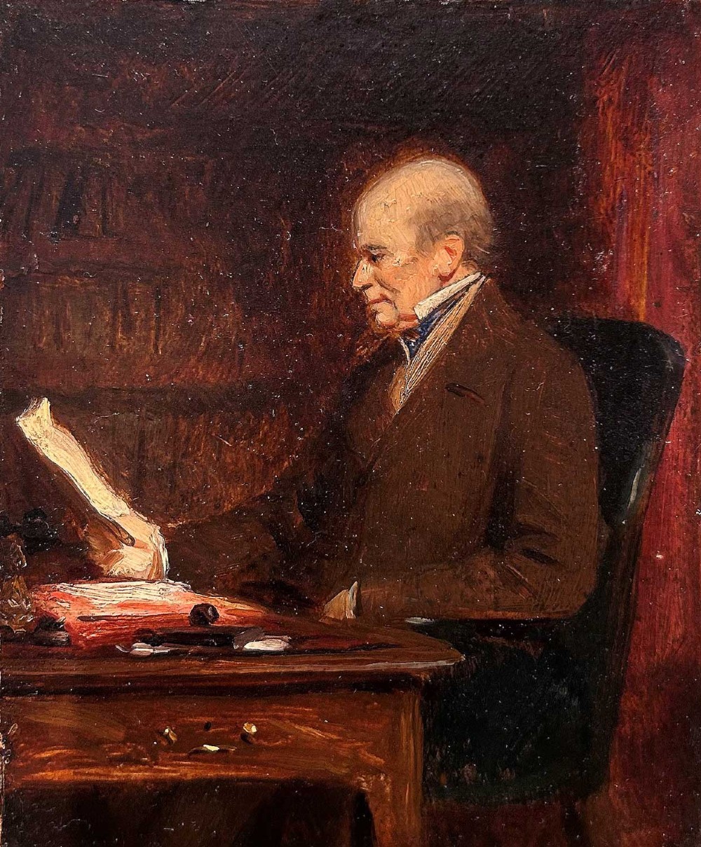 An oil painting study depicting an elderly gentleman in profile reading a paper at a desk in a dark interior.