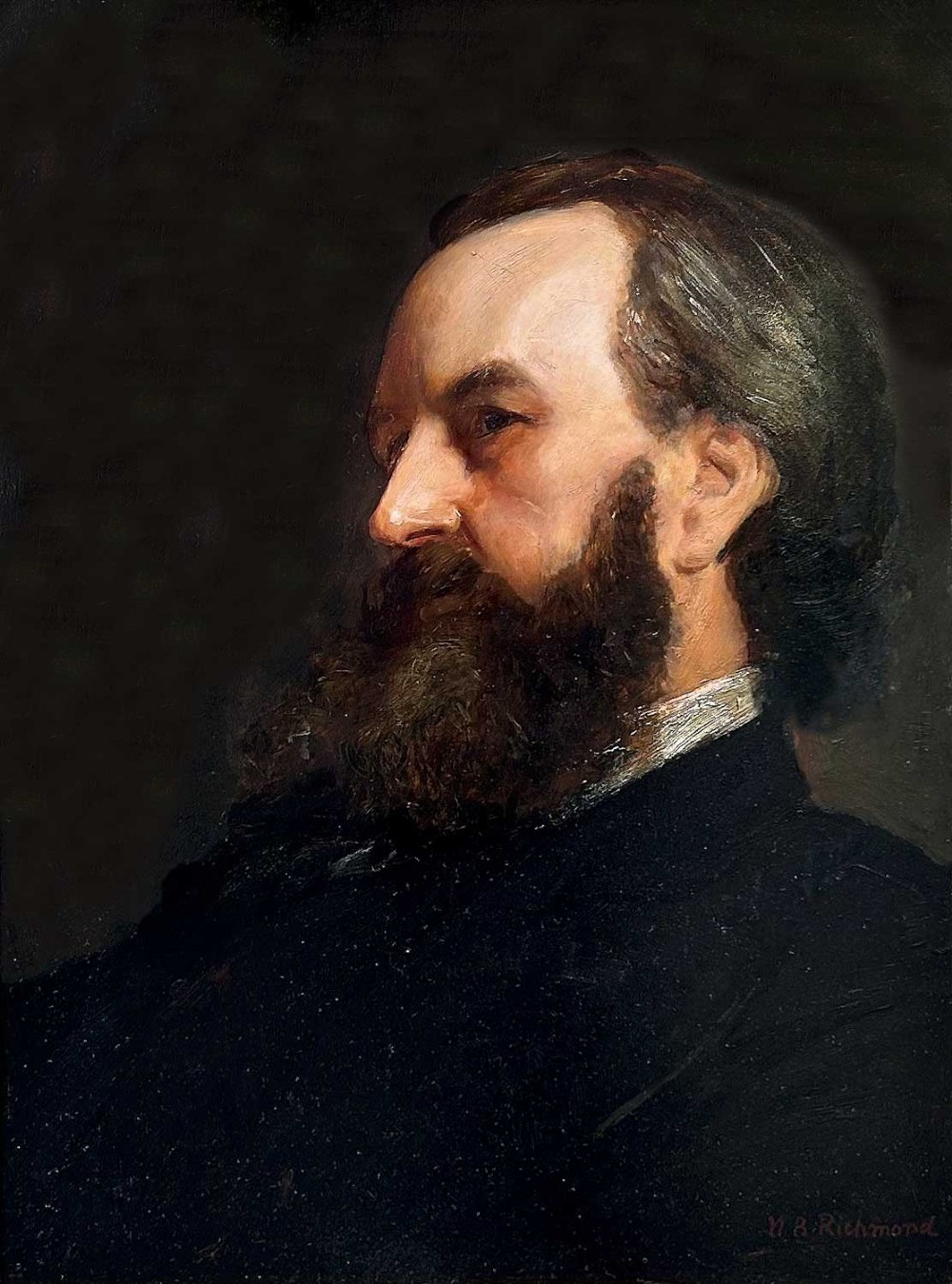 An oil portrait painting depicting a bearded gentleman in profile against a dark background, signed by William Blake Richmond.