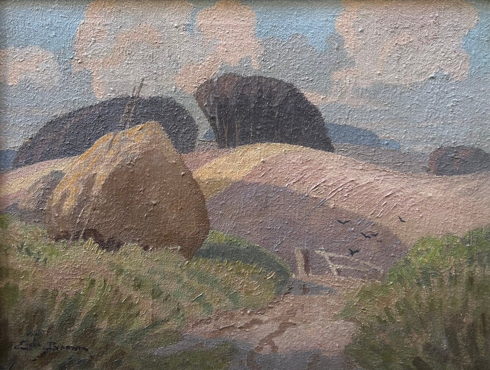 A textured Post-Impressionist style oil painting depicting a countryside scene with haystacks, rolling hills, and trees under a clouded sky.
