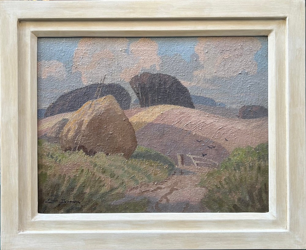 A textured Post-Impressionist style oil painting depicting a countryside scene with haystacks, rolling hills, and trees under a clouded sky. View II