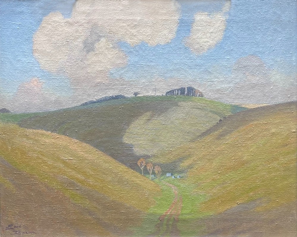 An oil painting depicting a scenic valley with rolling hills in shades of ochre and olive green under a pale blue sky with cloud formations.