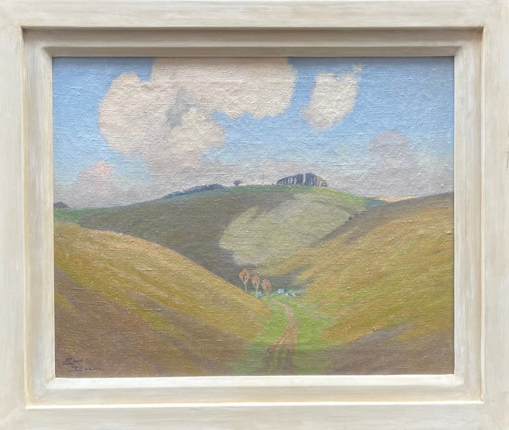 An oil painting depicting a scenic valley with rolling hills in shades of ochre and olive green under a pale blue sky with cloud formations. View II