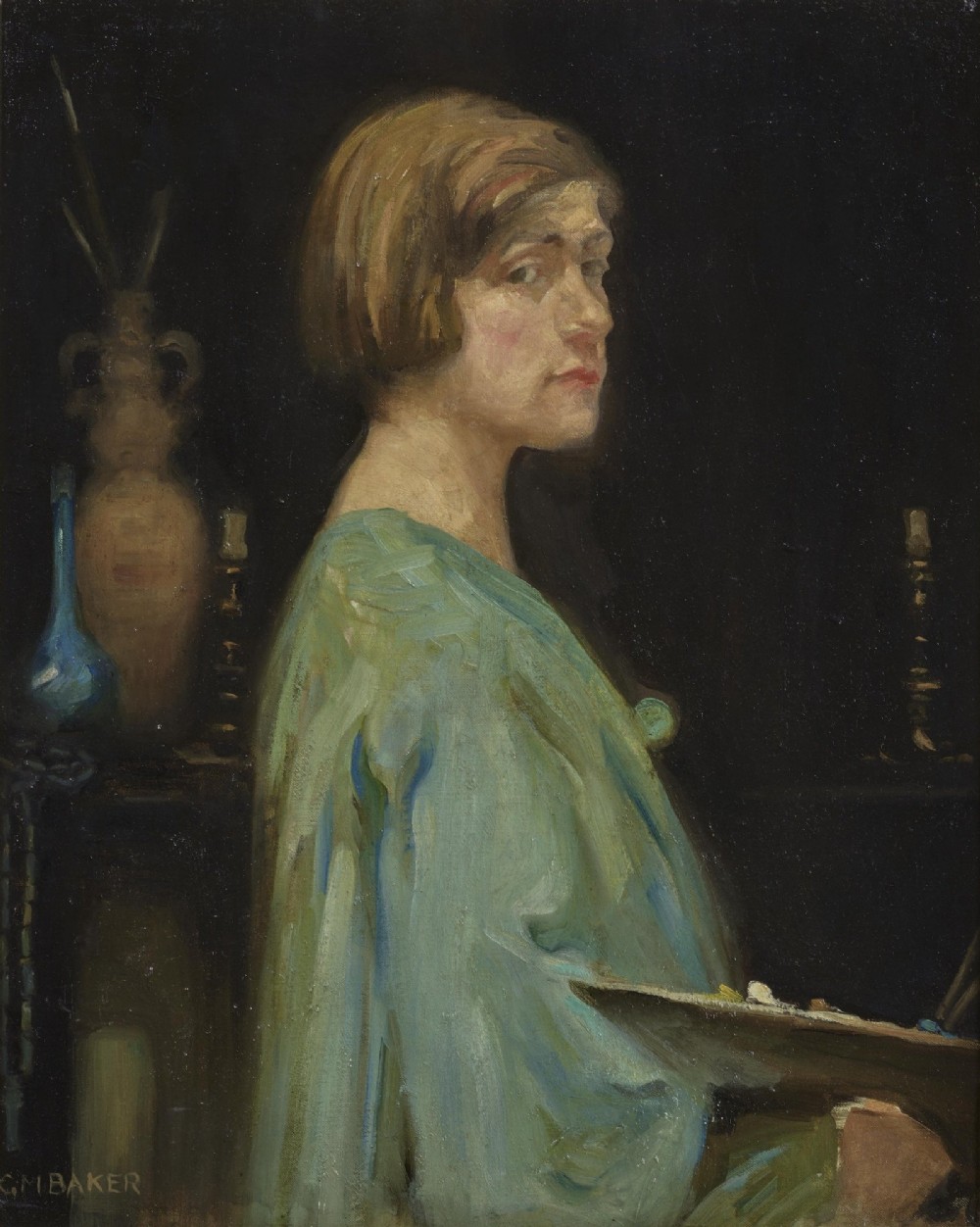 An early 20th-century oil painting depicting a female artist in a green smock with bobbed hair holding a palette against a dark background.