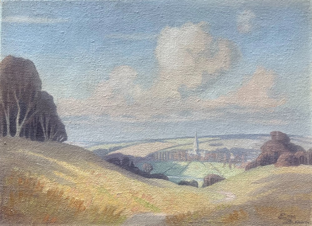 An oil painting depicting rolling countryside hills with a cathedral spire in the distance under a pale blue sky, signed by Eric Brown.