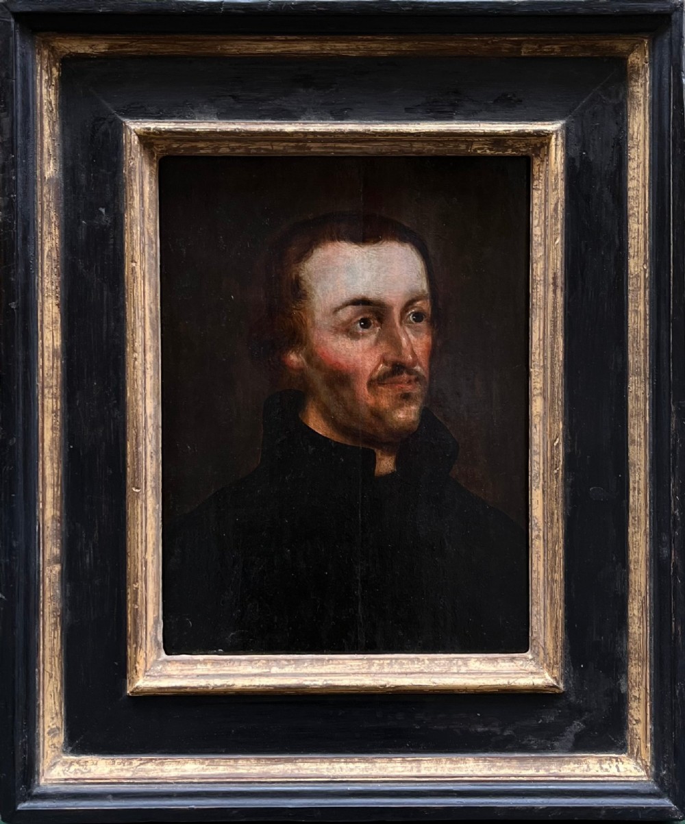 An 18th-century European school oil portrait depicting Philip Melanchthon set within a moulded ebonised and gilded frame.