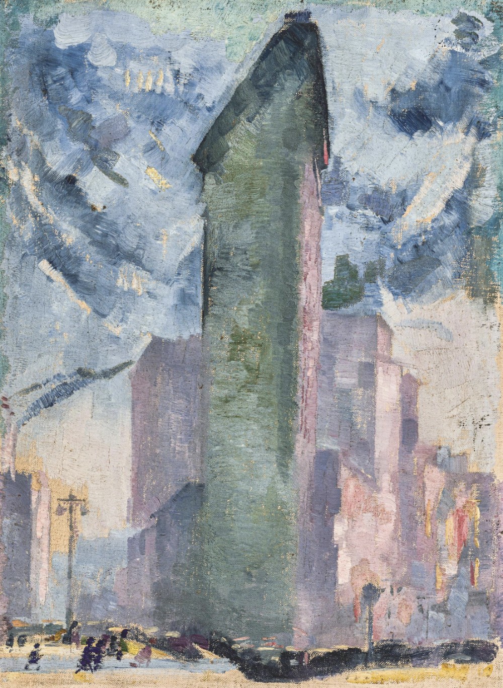 A Post-Impressionist oil sketch depicting the triangular structure of the Flatiron Building against a swirling blue and grey sky.