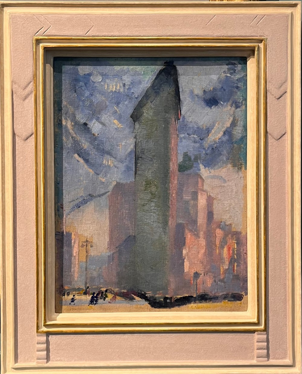 A Post-Impressionist oil sketch depicting the triangular structure of the Flatiron Building against a swirling blue and grey sky. View II