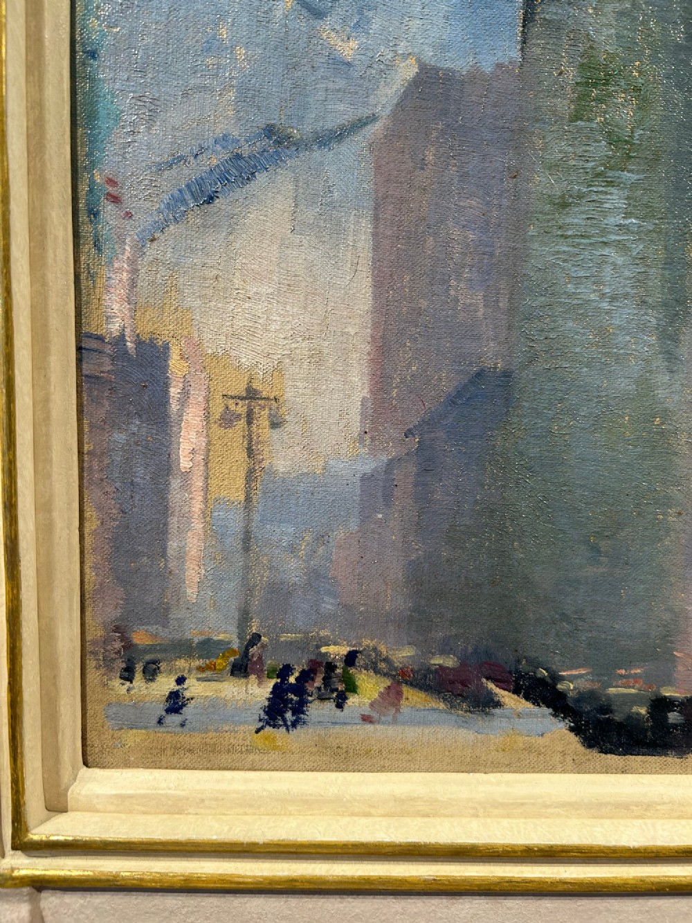 A Post-Impressionist oil sketch depicting the triangular structure of the Flatiron Building against a swirling blue and grey sky. View VI