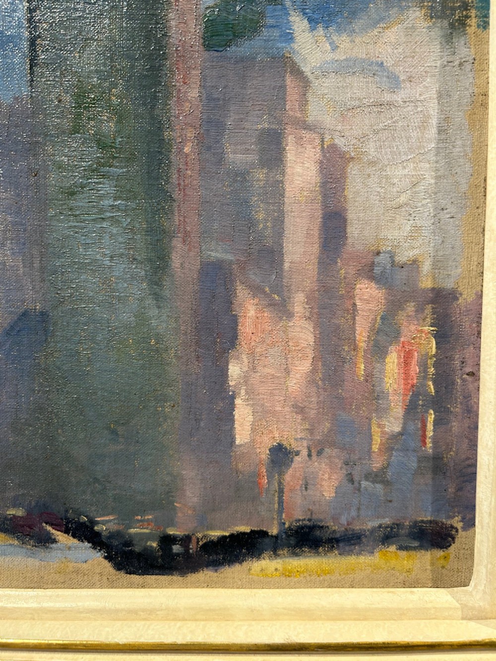 A Post-Impressionist oil sketch depicting the triangular structure of the Flatiron Building against a swirling blue and grey sky. View VII