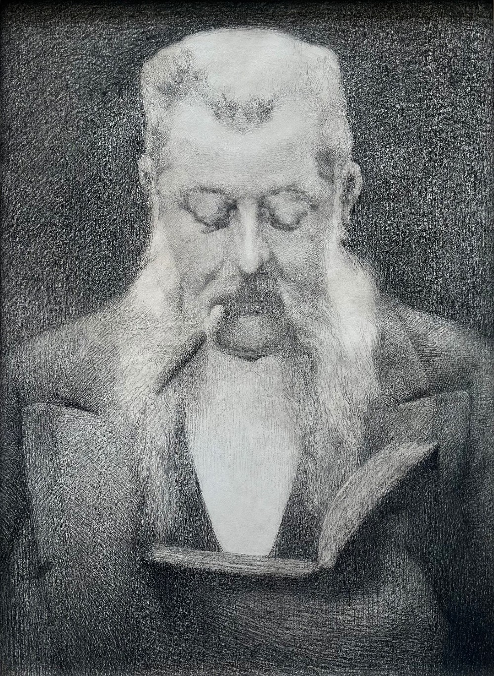 A framed monochrome pencil drawing depicting a bearded gentleman holding a cigar and an open book, enclosed in a light-coloured wooden frame. View II