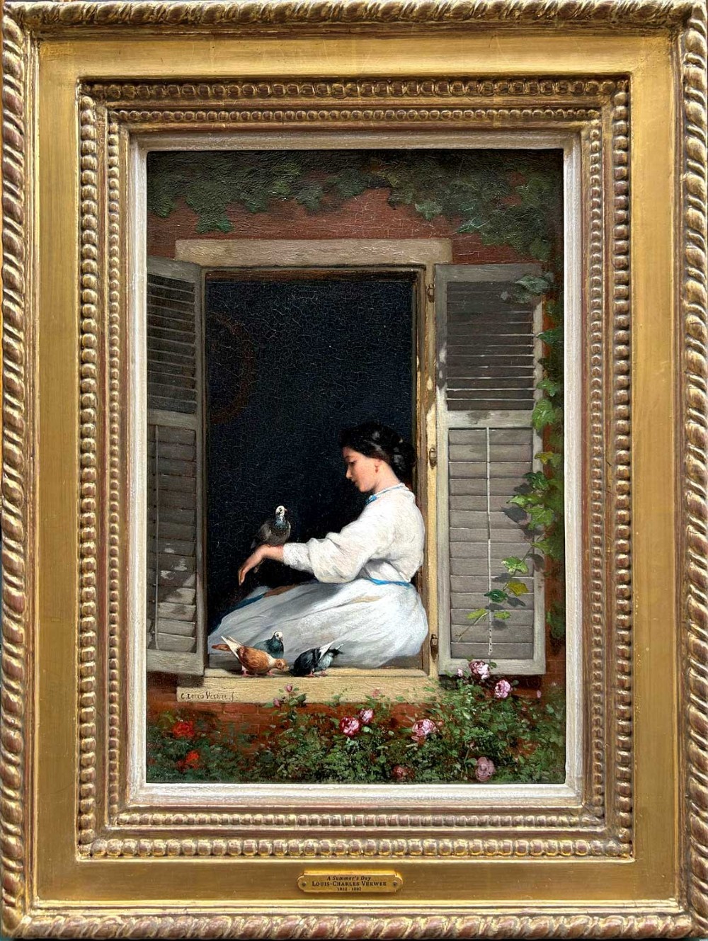 An oil painting depicting a young woman in a white dress seated at an open window framed by green foliage and pigeons on the ledge. View II