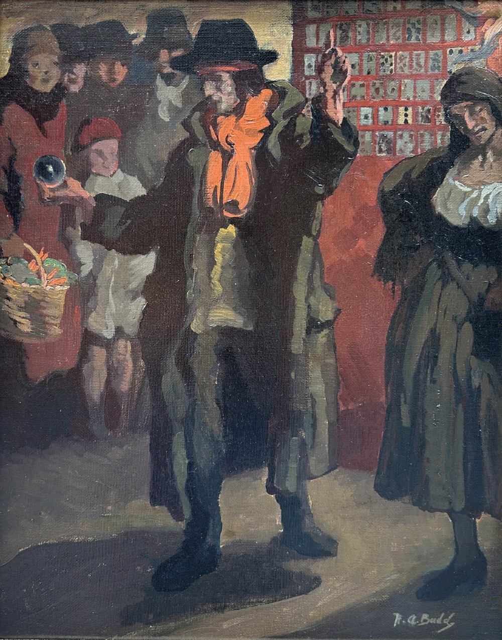 An oil painting depicting figures gathered around a central fortune teller figure in a hat and orange scarf, rendered in dark brown and terracotta tones.