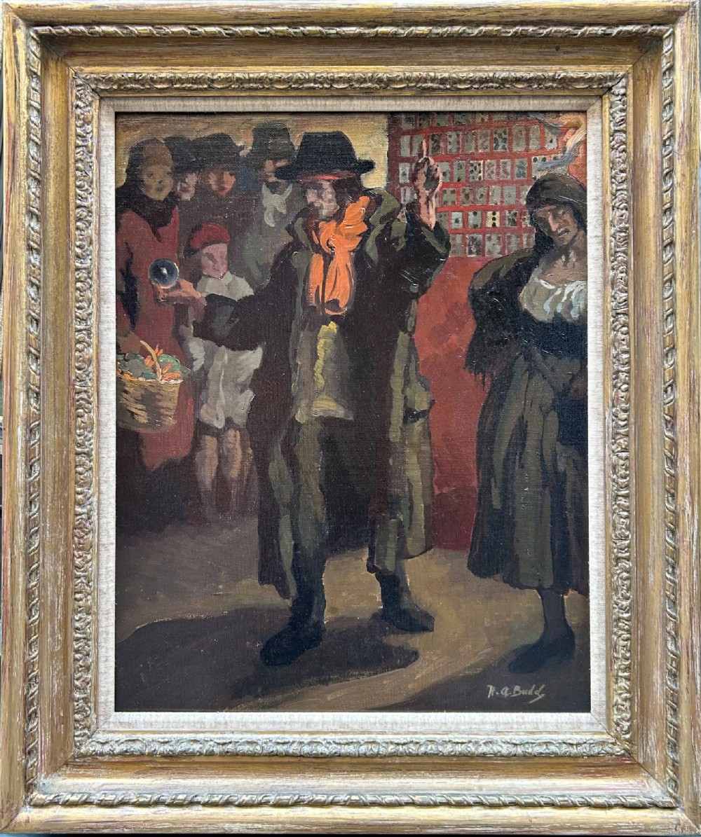 An oil painting depicting figures gathered around a central fortune teller figure in a hat and orange scarf, rendered in dark brown and terracotta tones. View II