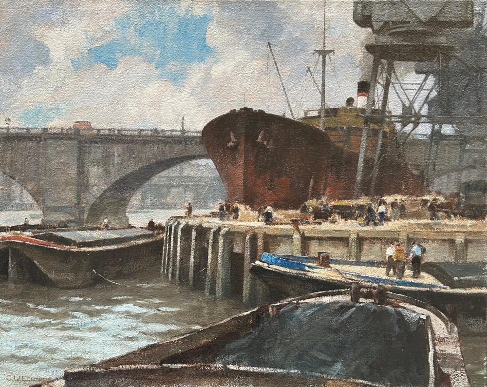 An oil painting depicting cargo ships, barges, and dockworkers on the River Thames near London Bridge under a cloudy sky.