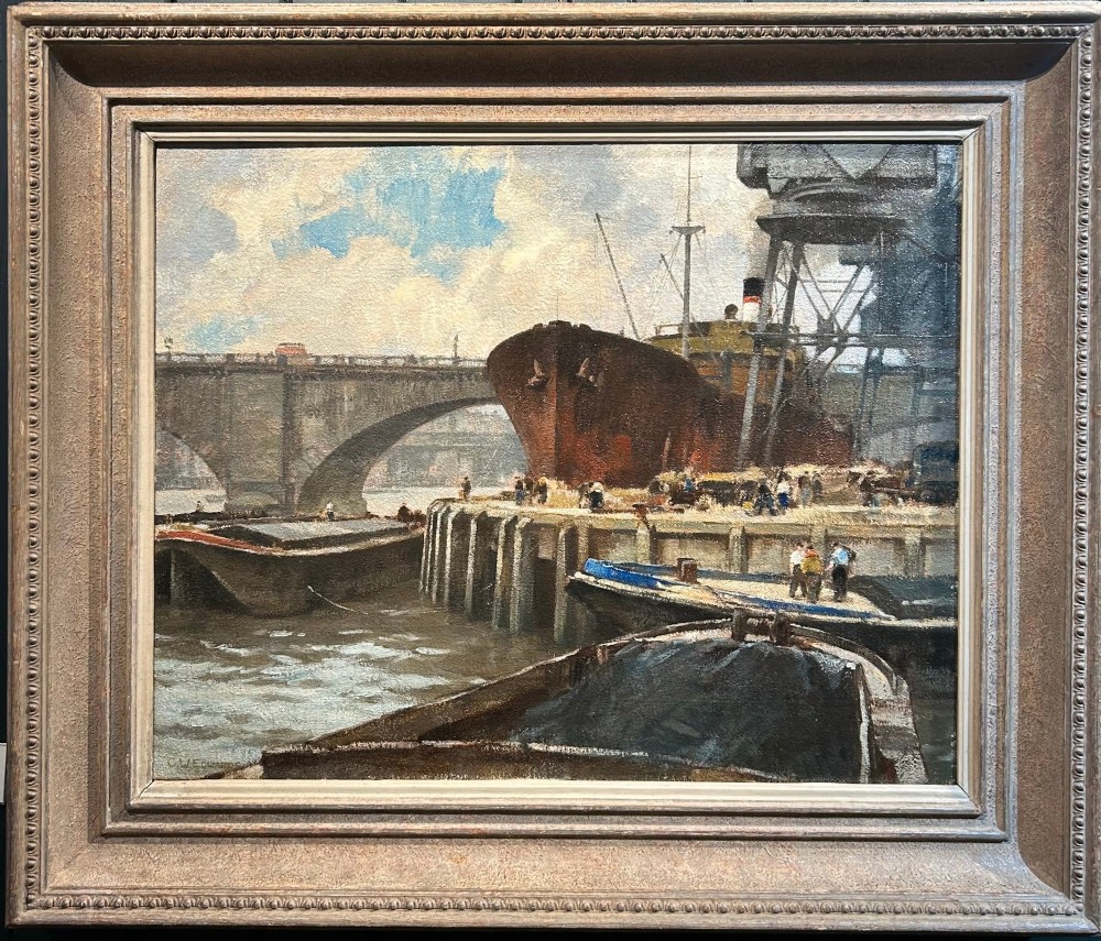 An oil painting depicting cargo ships, barges, and dockworkers on the River Thames near London Bridge under a cloudy sky. View II