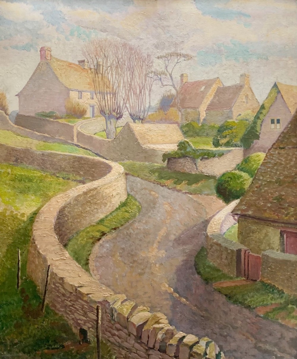An oil painting depicting a winding road flanked by dry stone walls and stone cottages in a rural English village setting.