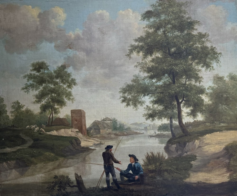 An 18th-century oil painting depicting two figures conversing along a riverbank with trees, distant buildings, and a cloud-filled sky.