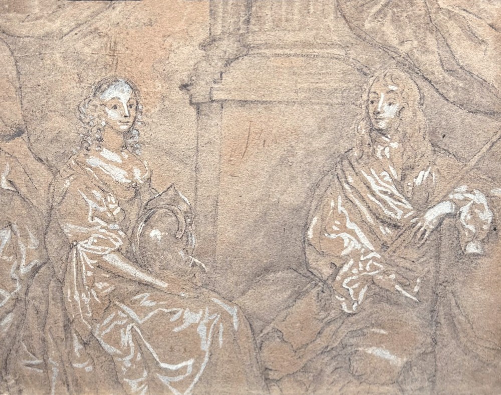 A 17th-century style portrait drawing rendered in brown chalk and white heightening on toned paper depicting a seated noble couple.