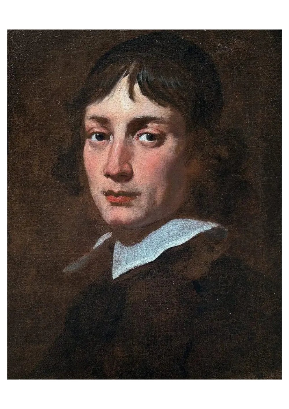 An oil painting depicting a portrait of a young man with dark hair and a white collar, presented in a dark wooden frame with gilt interior trim. View II
