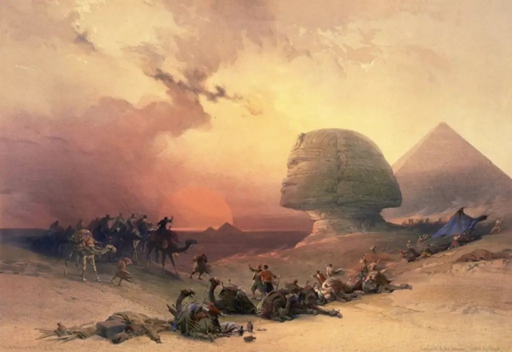 A nineteenth-century lithograph depicting the Great Sphinx and Pyramids of Giza under a dramatic sandstorm sky with travellers and camels in the foreground.