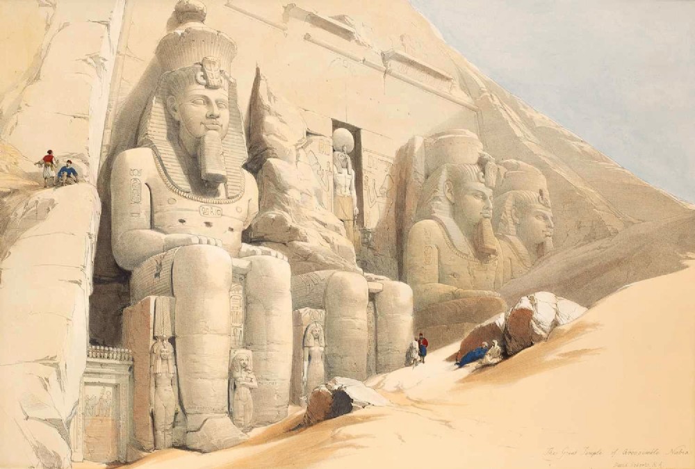 A 19th-century lithograph illustrating the monumental rock-cut temple statues of Ramesses II at Abu Simbel surrounded by sand dunes and figures.