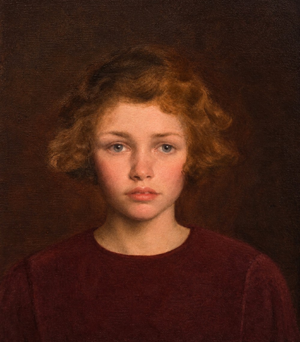 An oil painting on canvas depicting a young girl with short curly auburn hair and blue eyes wearing a dark red garment against a warm brown background.