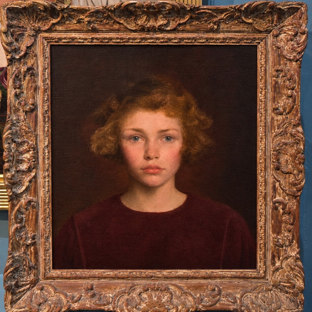 An oil painting on canvas depicting a young girl with short curly auburn hair and blue eyes wearing a dark red garment against a warm brown background. View II