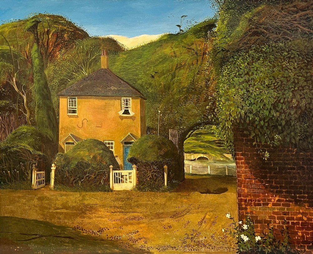 An oil painting depicting a yellow cottage nestled amongst dense green foliage and trees, framed by a brick wall on the right.