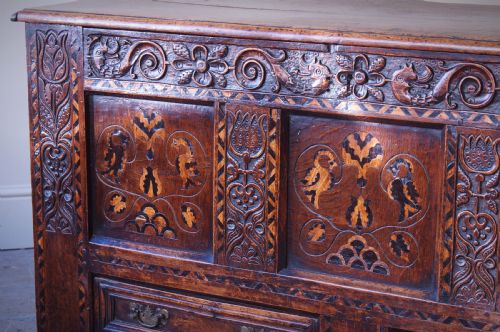 17TH CENTURY OAK INLAID MARQUETRY COFFER MULE CHEST - ADDITIONAL PHOTO 3
