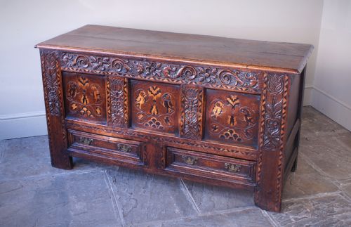 17TH CENTURY OAK INLAID MARQUETRY COFFER MULE CHEST - ADDITIONAL PHOTO 6