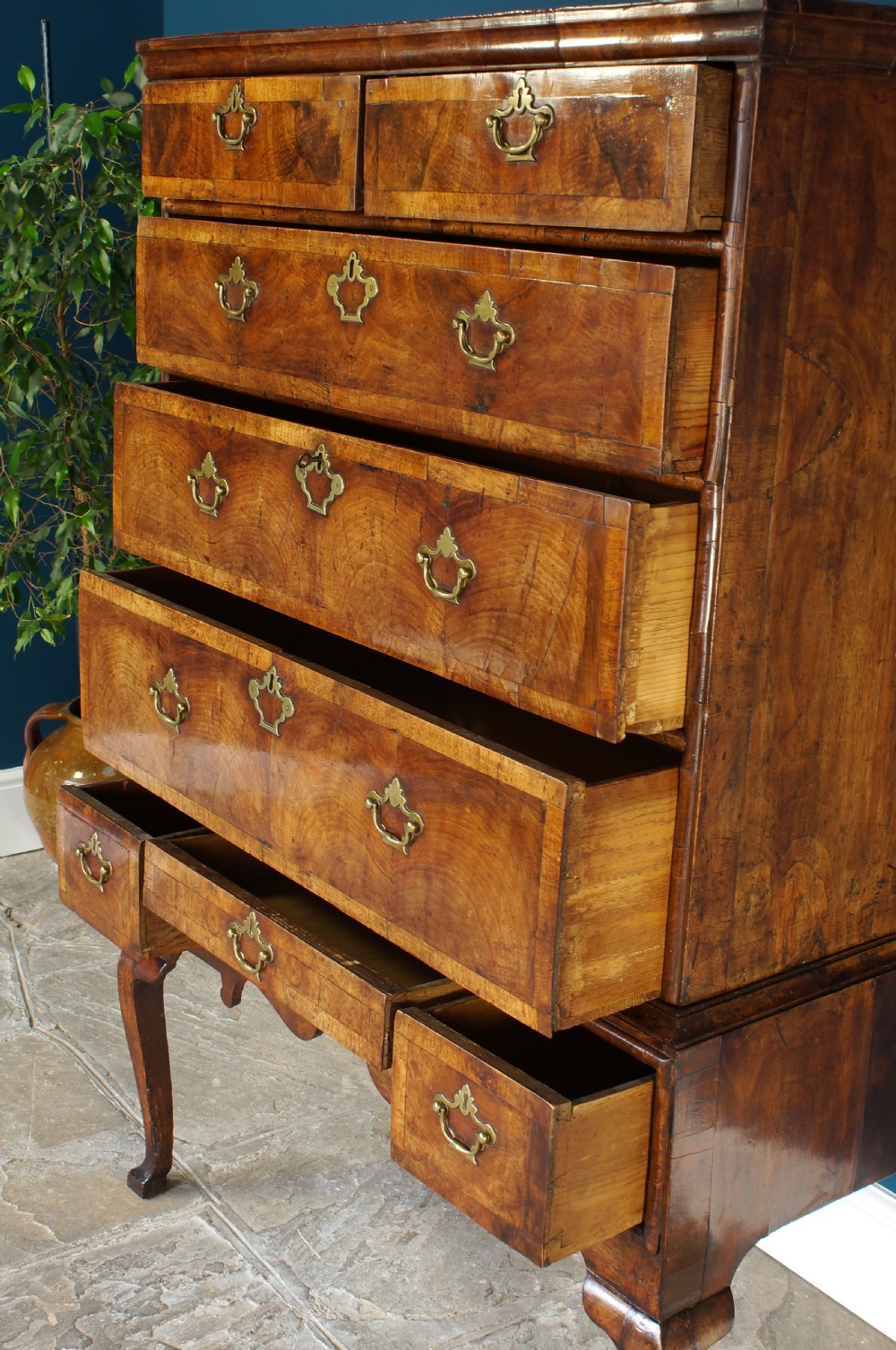 Fine early 18th century walnut chest on stand. View V