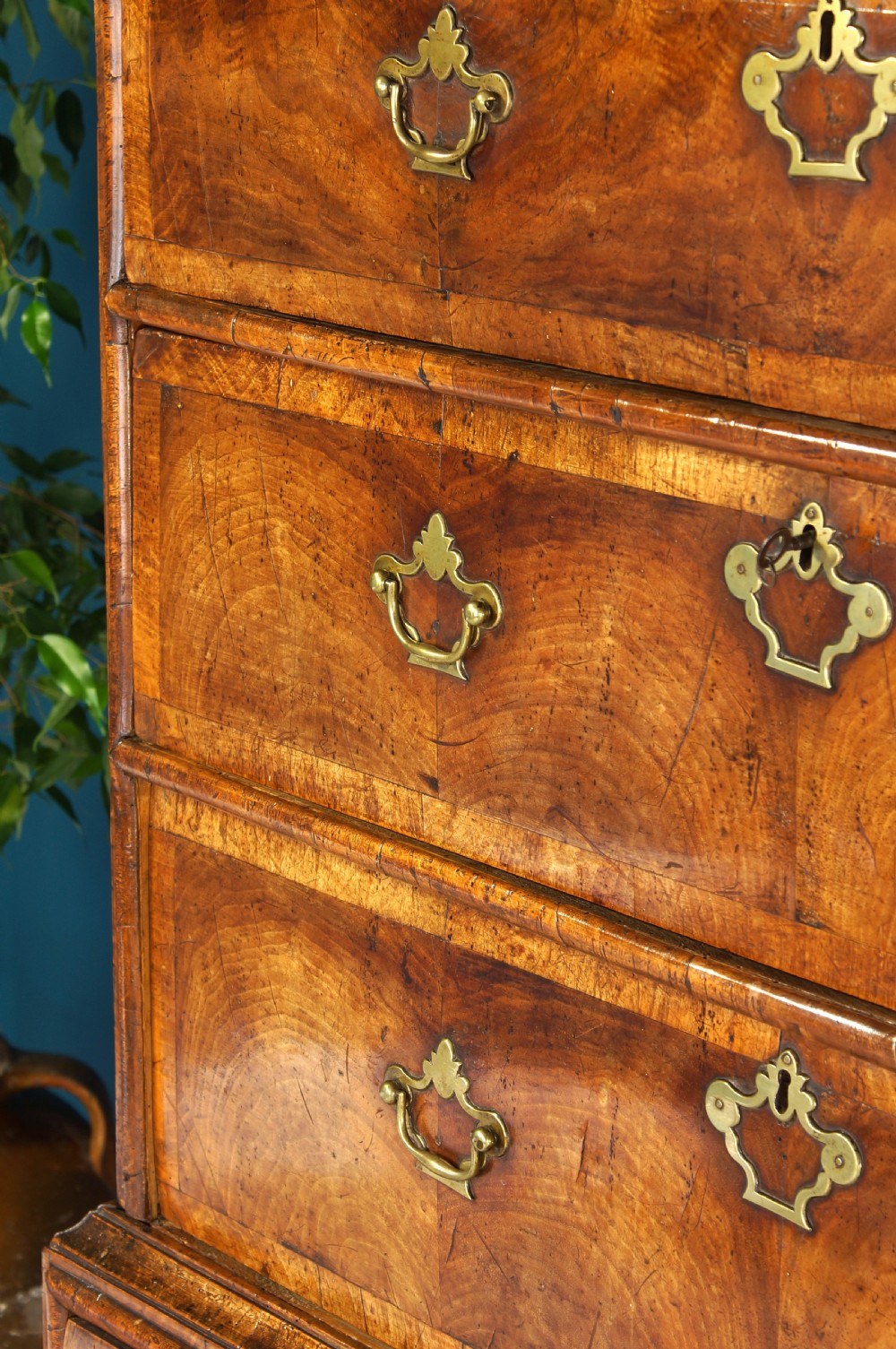 Fine early 18th century walnut chest on stand. View VIII