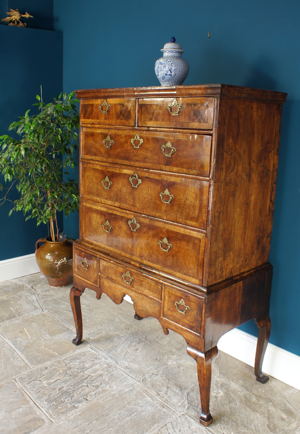 Fine early 18th century walnut chest on stand. View XI