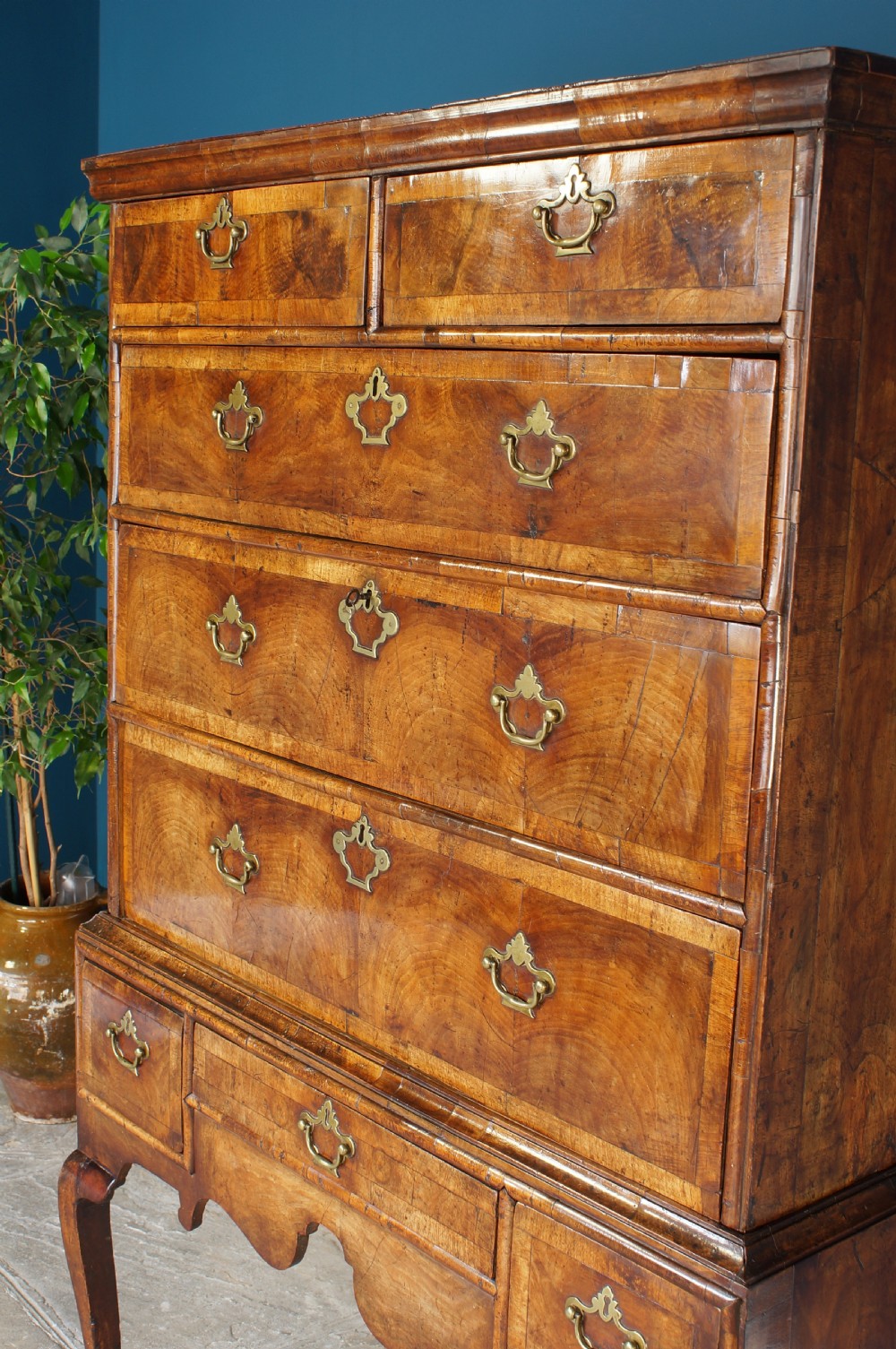 Fine early 18th century walnut chest on stand. View XII