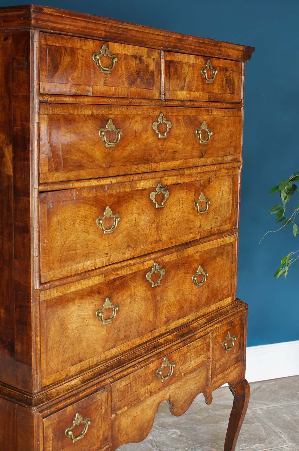 Fine early 18th century walnut chest on stand. View XVII