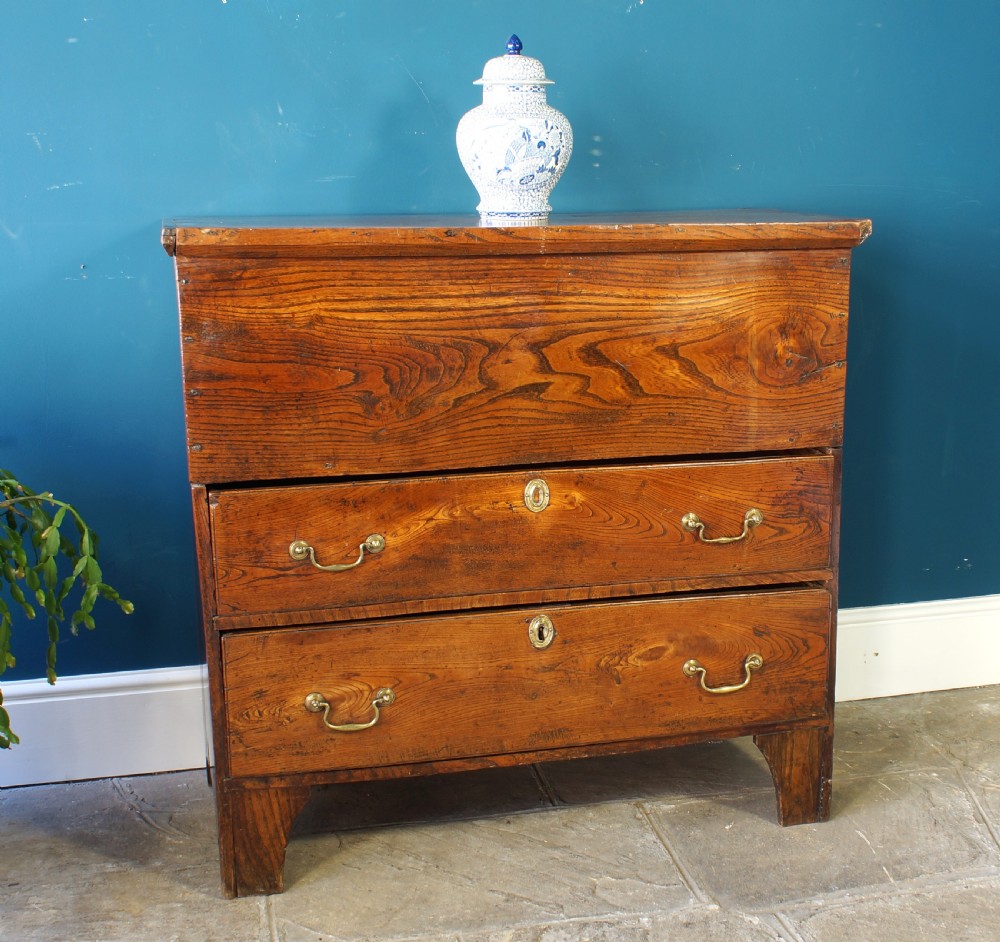 A Georgian elm mule chest featuring a hinged top lid over two wide drawers with brass swan-neck handles.