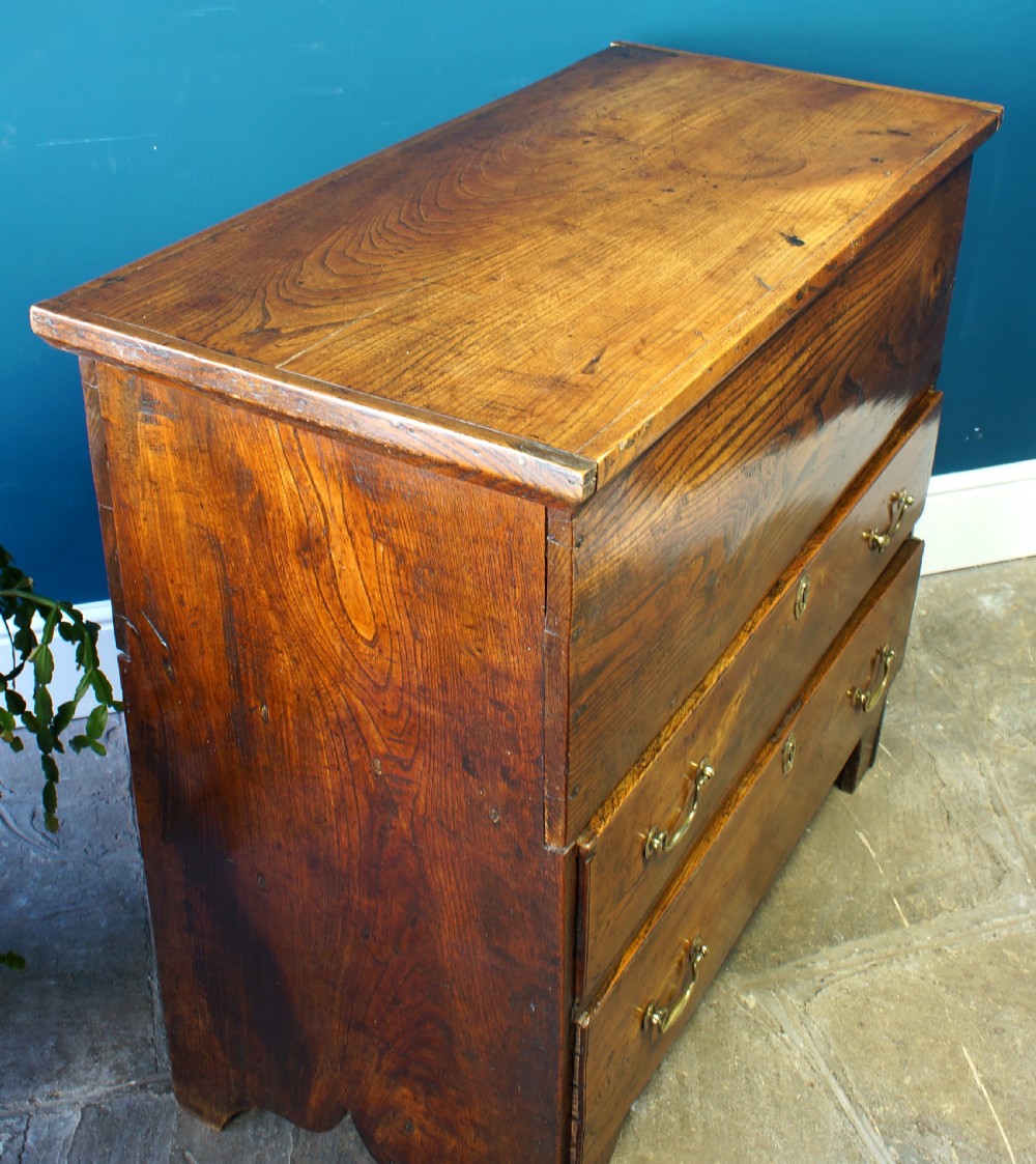 A Georgian elm mule chest featuring a hinged top lid over two wide drawers with brass swan-neck handles. View IX