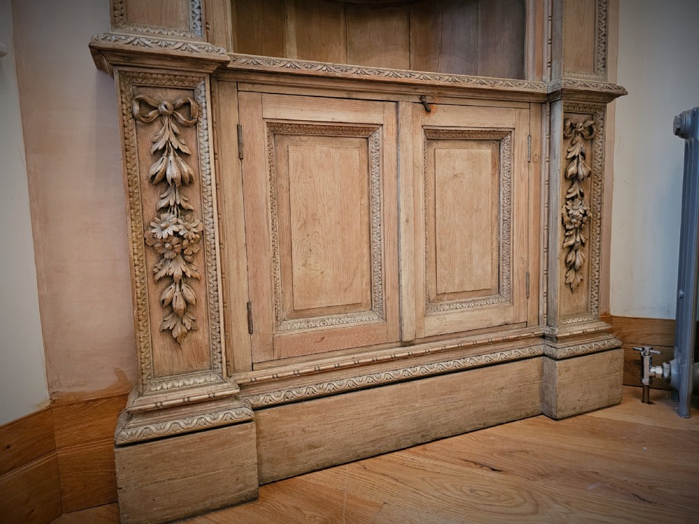 Impressive pair of Georgian carved pine open corner cabinets. View V